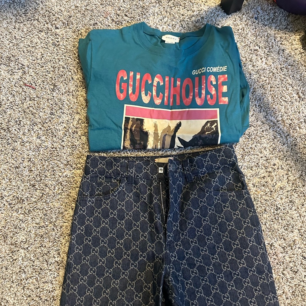 Gucci Teal Graphic Tee and Monogram Denim